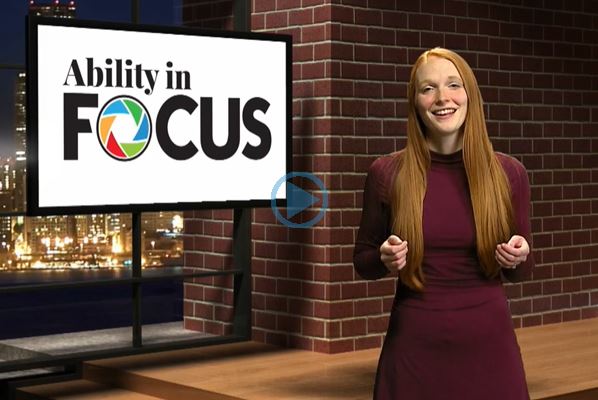 Ability in Focus Play button with photo of Host Meredith Groff