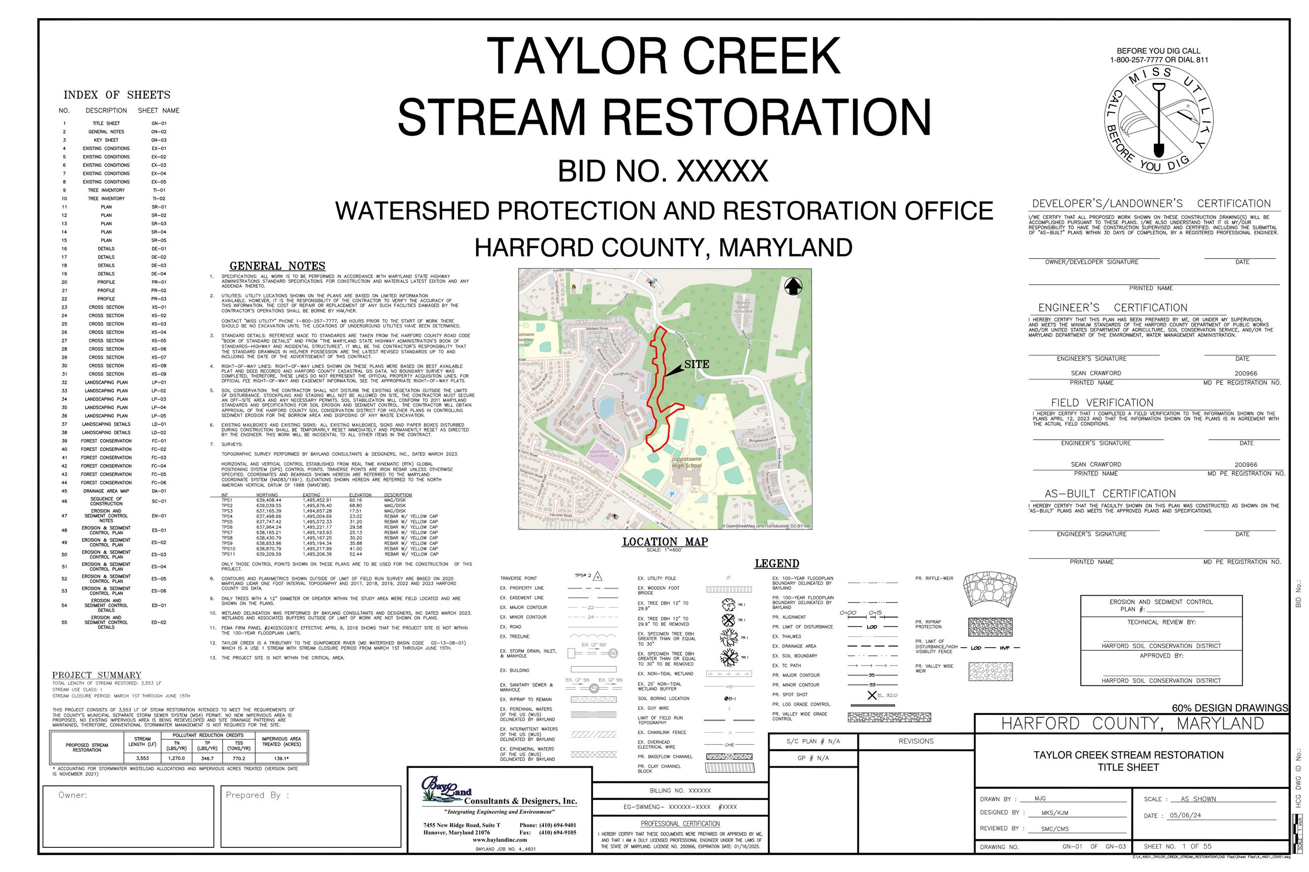 TAYLOR CREEK STREAM RESTORATION 60 DESIGN PLANS TITLE SHEET
